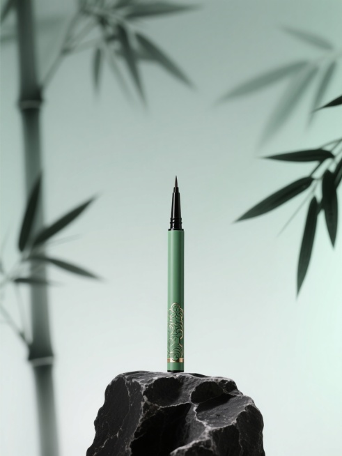 简约东方美学风格，主体是绿中式风外壳的眼线笔，置于黑色岩石台座，背景虚化融入水墨竹影，浅绿色渐变背景，一键换背景，电商商品图预览效果
