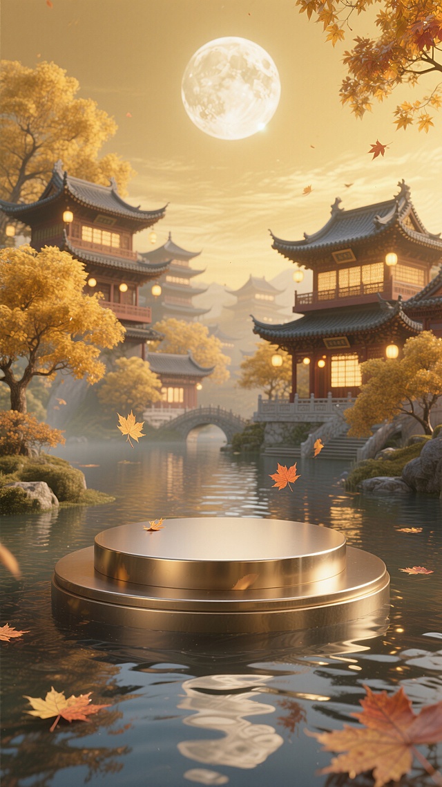 国风虚拟电商场景图。前景是一个圆形金属展台，水面波光粼粼，几片枫叶飘落。背景亮灯的传统中式楼阁建筑群、金黄枫树，金色的天空挂着一轮发光的圆月