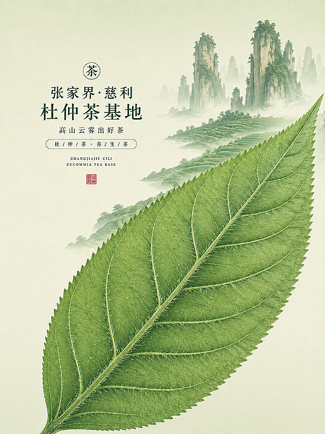 按照描述修改前景最大的这片杜仲叶：叶尖逐渐变尖，叶基为圆形广楔形；叶子边缘加上明显锯齿；叶片背面叶脉上加上柔毛，侧脉调整为6-9对，保证侧脉在叶片表面略微下陷，背面稍突起。保留张家界奇峰、杜仲茶林、文字内容和整体构图风格不变