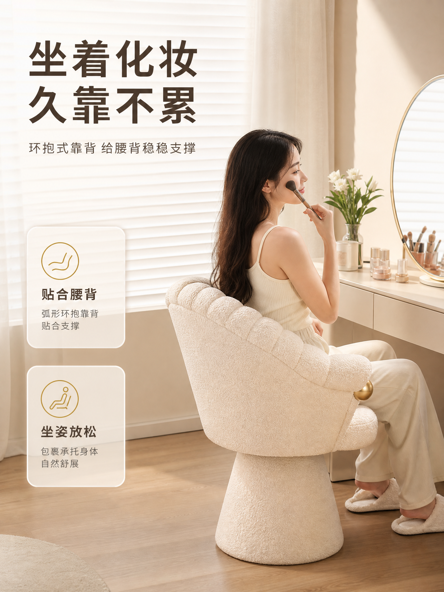 [商品] 使用【图1】米白羊羔绒单人梳妆椅；保留贝壳形靠背、锥… - 图片创意预览