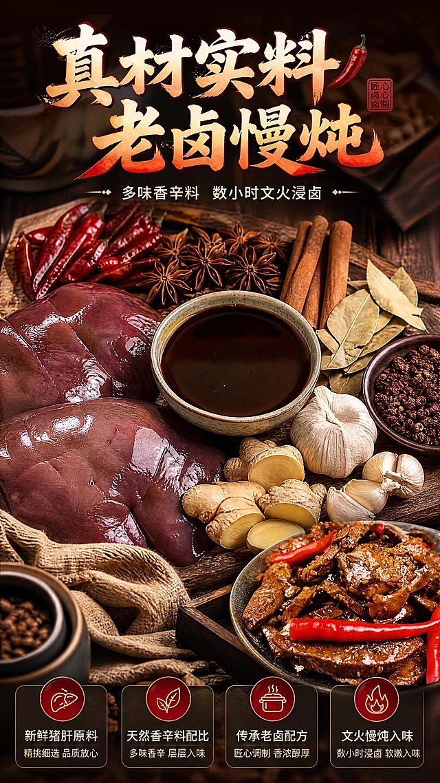 [商品] 本页为原料工艺展示页，使用【图1】麻辣卤猪肝作为成品小图辅助；保留产品色泽和形态，成品图占画面约20%。
[画面] 目标：激发兴趣，突出真材实料与传统卤制工艺。构图：原料平铺型，画面主体70%为新鲜猪肝原料+八角、桂皮、花椒、干辣椒、香叶、姜蒜等香辛料俯拍平铺，中央放置一小碗深褐色老卤汤，右下角点缀成品卤猪肝切片；原料元素放大占主画面≥60%，体现真材实料。背景为深色木质砧板，有粗布和陶瓷碗点缀。前中后景三层：前景粗布+陶瓷碗、中景原料铺满、后景虚化木质背景。
[视觉] 套系策略：风格=中式美食商业摄影，重食欲烟火气；标题字=粗黑体带轻微毛笔质感，厚重有力；正文字=简洁无衬线黑体；主色=深棕红+油亮琥珀色；背景延展=基于深棕红做深浅层级，深色石板/木质纹理背景，同色系渐变；强调色=辣椒红，仅用于小面积图标、引线、标签和重点高亮；标题色=米白+红油渐变描边；正文色=暖米白；组件=圆角深色半透明信息卡、细线引线、辣椒图标；光影=左前侧暖光，突出油亮高光和肉质层次。
[文字] 顶部主标题「真材实料 老卤慢炖」，副标题「多味香辛料 数小时文火浸卤」；下方4个信息点：新鲜猪肝原料、天然香辛料配比、传承老卤配方、文火慢炖入味；文字区位于上方和底部，不遮挡核心原料。
[规格] 淘宝/天猫详情页单屏9:16竖版，4K分辨率，负向提示：避免变形、错字、文字过小、冷蓝背景、原料不真实、医疗功效宣称、绝对化用语、川味字样、冷链字样。