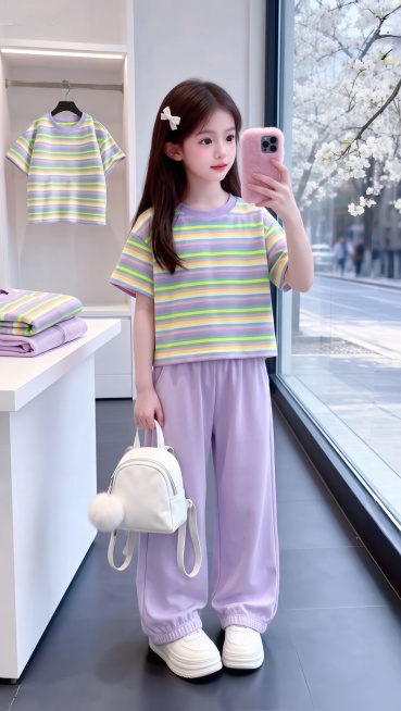 用图1短袖和裤子替换掉图2的模特身上穿的衣服裤子和旁边桌子上折叠的衣服以及后方衣架上挂着的衣服，保留原场景光影，保持图2的人物的五官和发饰不变，姿势不变，背景不变，图片宽高尺寸不变，保持图1的短袖预览效果