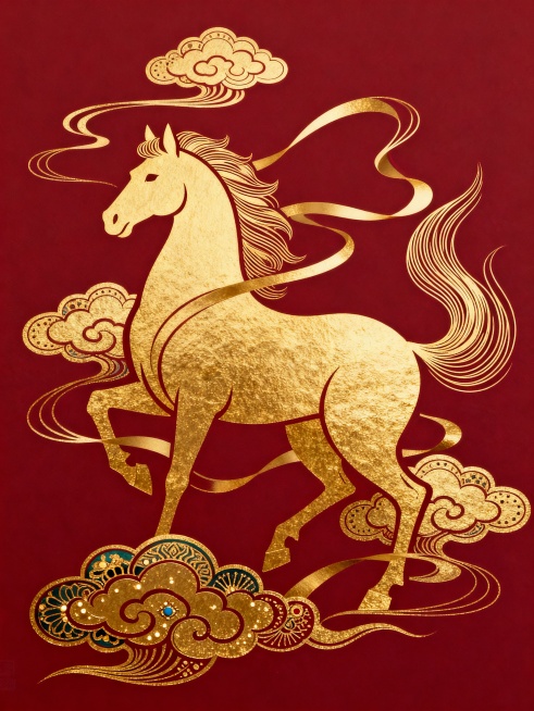 扁平印刷风格，主体为烫金印刷马形与传统祥云纹结合，延续中国新年元素，背景为酒红色。融合索尔·巴斯的动态线条设计，带有流动感；James Jean的神话插画风格体现在祥云纹的精细装饰上，整体风格统一且富预览效果