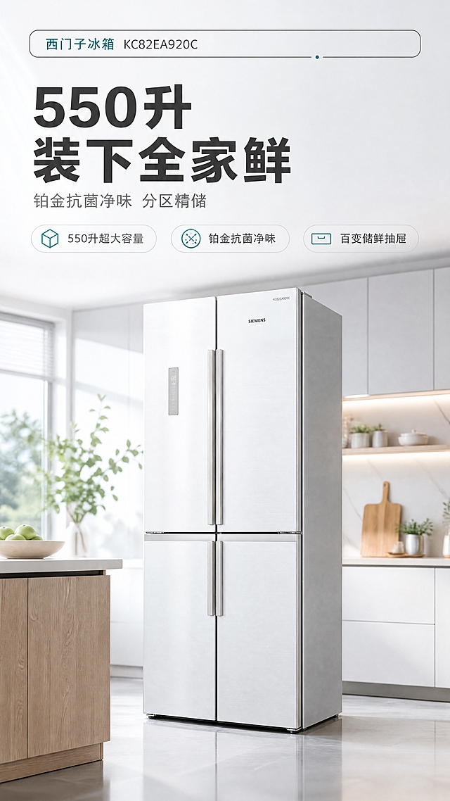 [商品] 使用【图1】西门子冰箱（型号 KC82EA920C）作为唯一商品主体；保留十字对开门结构、机身长宽比例、不锈钢/银白面板材质、竖向把手、门体显示面板位置、品牌 Logo 与型号铭牌文字，不做结构改动、不改颜色、不加装部件。
[画面] 页面目标：3秒建立"550升大容量高端冰箱"认知。构图骨架：品牌/型号信息型。顶部一条细线圆角信息条承载品牌与型号；中部主标题+Slogan；产品整体正面微侧约15°立于真实明亮厨房中央偏下，主体占画面55%-65%，底部有自然接触阴影与轻微地面反射；前景浅木纹岛台边缘与白色台面，中景冰箱，后景虚化橱柜、绿植与柔光窗户，底部一排参数胶囊条。阅读动线自上而下，文案区与产品区错位留白。
[视觉] 套系策略：风格=高端家电理性科技商业摄影，干净通透；标题字=现代无衬线粗黑体；正文字=简洁无衬线常规体；主色=银霜白（搭配拉丝不锈钢浅银灰）；背景延展=基于银霜白做深浅层级、同色渐变与金属拉丝/磨砂玻璃质感，场景以浅木纹与白色台面延展；强调色=西门子青蓝，仅用于小面积图标、引线、标签和局部光效；标题色=深石墨灰；正文色=中暖灰；组件=圆角浅底信息卡、细线引线、胶囊标签、圆形线性图标；光影=顶部冷白柔光为主光加左侧补光，金属边缘高光与柔和接触阴影。
[文字] 主标题"550升 装下全家鲜"；副标题"铂金抗菌净味 分区精储"；顶部信息条"西门子冰箱 KC82EA920C"；3个短卖点胶囊"550升超大容量""铂金抗菌净味""百变储鲜抽屉"。全部文字横向排版，不遮挡冰箱主体、把手与显示面板。
[规格] 抖音详情页9:16竖版（1080x1920），4K高清，负向：变形、拉长压扁、错字、乱码、文字过小、竖排或斜排文字、冷蓝背景、结构改变、Logo错乱、水印、二维码、平台角标。