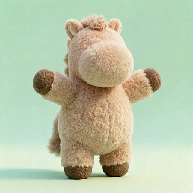 将这只咖色毛绒小马调整为无五官、站立姿势、双臂张开的呆萌可爱造型，保留马卡龙咖色