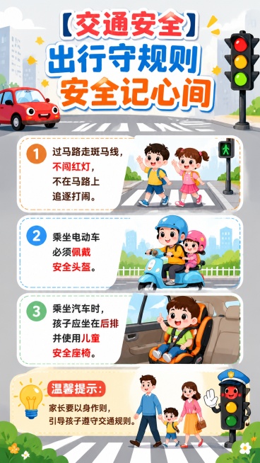 幼儿园交通安全宣传海报，风格轻快可爱卡通，标题"【交通安全】出行守规则 安全记心间"，包含三条安全提示和温馨提示，背景浅灰色城市道路元素，搭配卡通小汽车和红绿灯图案，文案："过马路走斑马线，不闯红灯，预览效果