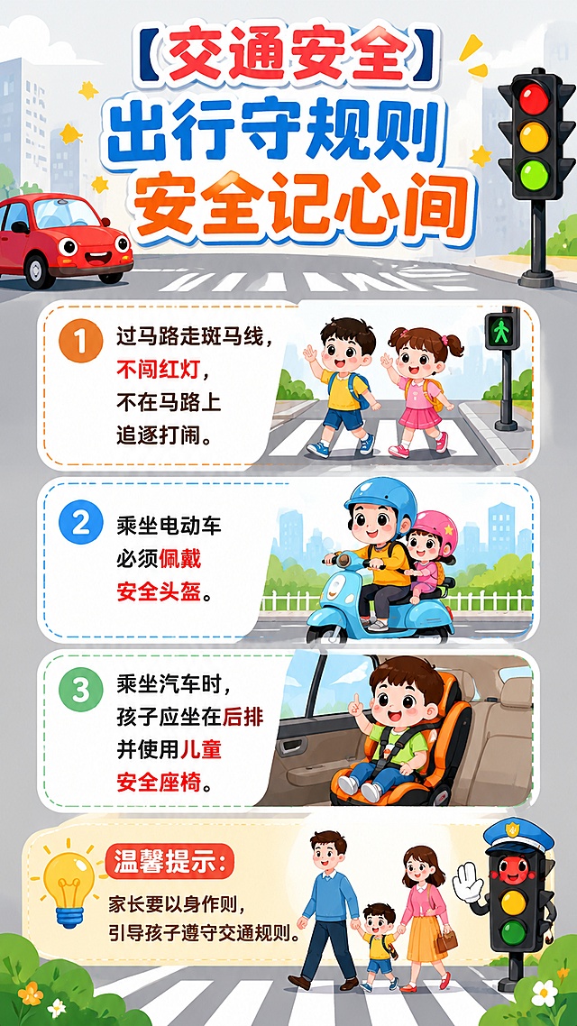 幼儿园交通安全宣传海报，风格轻快可爱卡通，标题"【交通安全】出行守规则 安全记心间"，包含三条安全提示和温馨提示，背景浅灰色城市道路元素，搭配卡通小汽车和红绿灯图案，文案："过马路走斑马线，不闯红灯，不在马路上追逐打闹。乘坐电动车必须佩戴安全头盔。乘坐汽车时，孩子应坐在后排并使用儿童安全座椅。💡温馨提示：家长要以身作则，引导孩子遵守交通规则。"，所有文字清晰可读，排版分区清晰，9:16竖版，风格明亮