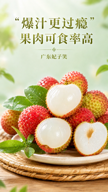 去除图片中所有黄色桂花，保留文案、荔枝主体和绿叶内容不变，保持整体清新浅绿背景风格不变预览效果