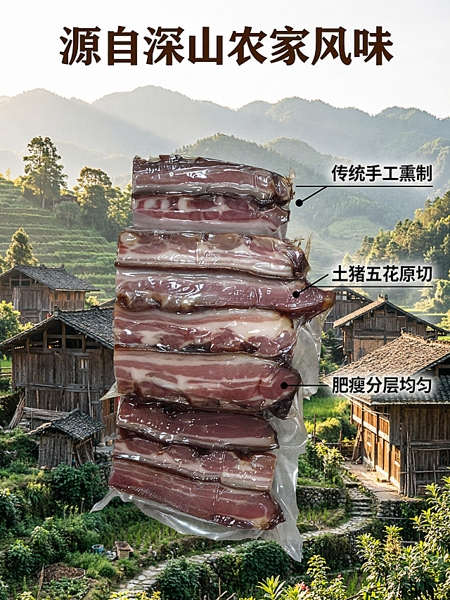 [主图-2] 土家五花腊肉核心卖点溯源图，建立信任传递品质感。氛围风格为原生态产地氛围，真实自然。画质要求商业美食摄影质感，光线柔和通透，产品清晰真实，画面干净高级。画面元素：主体产品切开展示诱人肥瘦分层，油润光泽突出，背景融入高山农户木屋场景氛围感。用引线标注核心优势，引线指向对应位置。保持腊肉产品外观、物理结构、材质质感、颜色与输入产品图绝对一致，杜绝任何变形和色差，精细化处理。商品主体占比65%左右，画面满屏无边框。光影：自然户外暖阳，通透干净，突出纹理和层次。配色：主色腊肉红棕，辅色山林青绿，木色，自然清新。视角构图：平视主体中心构图，景深适中，主体完整突出。文字版式：顶部大字标题"源自深山农家风味"深棕粗体，三个引线标注分别是"传统手工熏制""土猪五花原切""肥瘦分层均匀"，细黑字清晰指向对应区域，文字不遮挡主体。生成图片比例为3:4，画面超高清。负面提示词：变形，文字错乱，产品图模糊，背景杂乱，水印，电商平台Logo，绝对化违规词