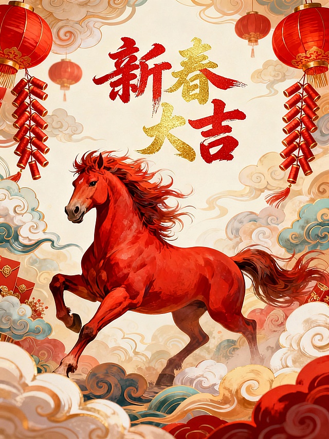 国潮风插画，厚涂油画质感，红马奔腾于祥云间，配以鎏金书法与灯笼鞭炮，尽显新春喜庆与中式古典韵味。