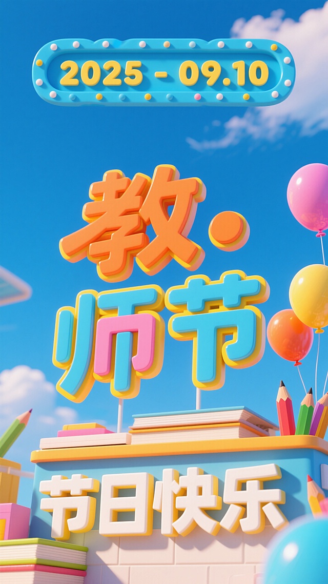 蓝天下，彩色立体字 “教师节” 醒目，上方标牌写着 “2025 - 09.10”，书本、铅笔、气球点缀，活力满满，感恩师恩。