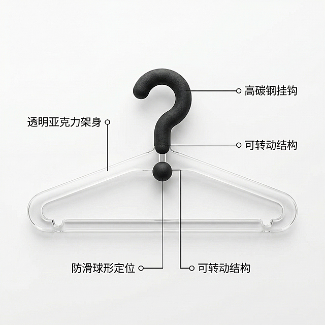 [主图 5] 产品结构卖点标注图
[氛围/风格] 专业讲解，清晰直观
[画面元素] 商业摄影质感、光线柔和通透、产品清晰真实、画面干净高级。衣架居中放置，使用末端带圆点的纤细引线分别连接产品各个部位，标注各部分结构名称
[配色色系] 白色干净背景，黑色文字引线，产品透明+黑色对比清晰
[视角构图] 中心平铺，产品完整展示，引线均匀分布不交叉
[文字版式] 每个引线对应标注文字“高碳钢挂钩” “透明亚克力架身” “防滑球形定位” “可转动结构” 文字小巧清晰，不遮挡主体
[比例分辨率] 1:1 比例，2k 分辨率，文字清晰可辨，超高清
[负向提示词] 变形，水印，文字错乱，产品图模糊，背景杂乱，遮挡主体