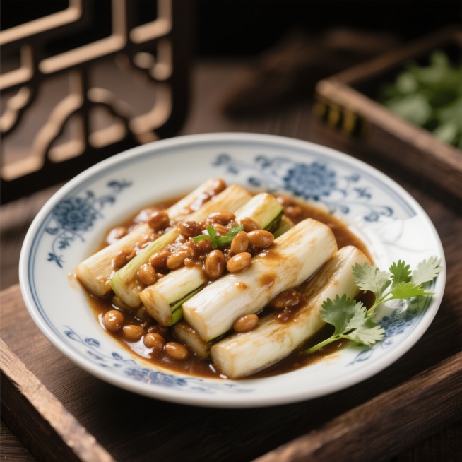豆酱焖白茄菜品，色泽鲜亮，酱香浓郁，白茄软糯吸饱酱汁，表面泛着油光，摆放在精致的中式瓷盘里，旁边点缀少许香菜提色，暖光下食物质感真实诱人，家常菜写实风格预览效果