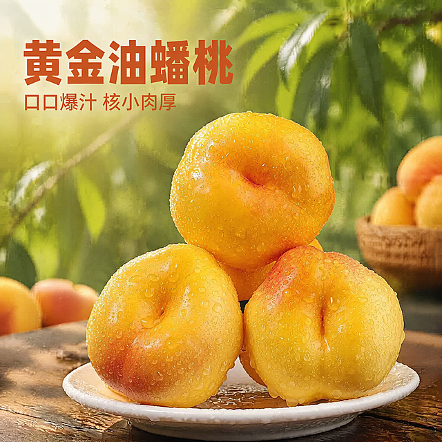 [主图-1] 黄金油蟠桃首图，展示完整产品外观
[氛围风格] 新鲜自然果园风，食欲感满满
[画质] 商业摄影质感、光线柔和通透、产品清晰真实、画面干净高级
[元素] 三个带水珠的黄金油蟠桃堆叠在白色瓷盘上，摆放在木质桌面，背景虚化绿色桃树枝叶，保持黄金油蟠桃外观形状颜色质地与输入产品图绝对一致，杜绝任何变形和色差，精细化处理，商品主体占比严格控制在70%左右，画面满屏无边框
[光影] 自然暖阳逆光穿过桃叶，照亮蟠桃金黄果肉，呈现出通透诱人的光泽，背景虚化自然，高光不溢，暗部有层次
[配色] 主色调是蟠桃金黄橙红色，辅助色是背景翠绿和木色，清新自然
[视角构图] 平视视角，景深中等，产品完整不裁切，视觉中心突出
[文字版式] 左上负空间左对齐留安全边距，大字主文案写"黄金油蟠桃"，橙红色最大号粗体无衬线，下方小字文案写"口口爆汁 核小肉厚"，约半高，同色系，清晰可读，不遮挡产品主体
[比例分辨率] 1:1 比例，4k 分辨率，文字清晰锐利，画面超高清
[负向提示词] 变形，水印，文字错乱，产品图模糊，背景杂乱，水果不新鲜