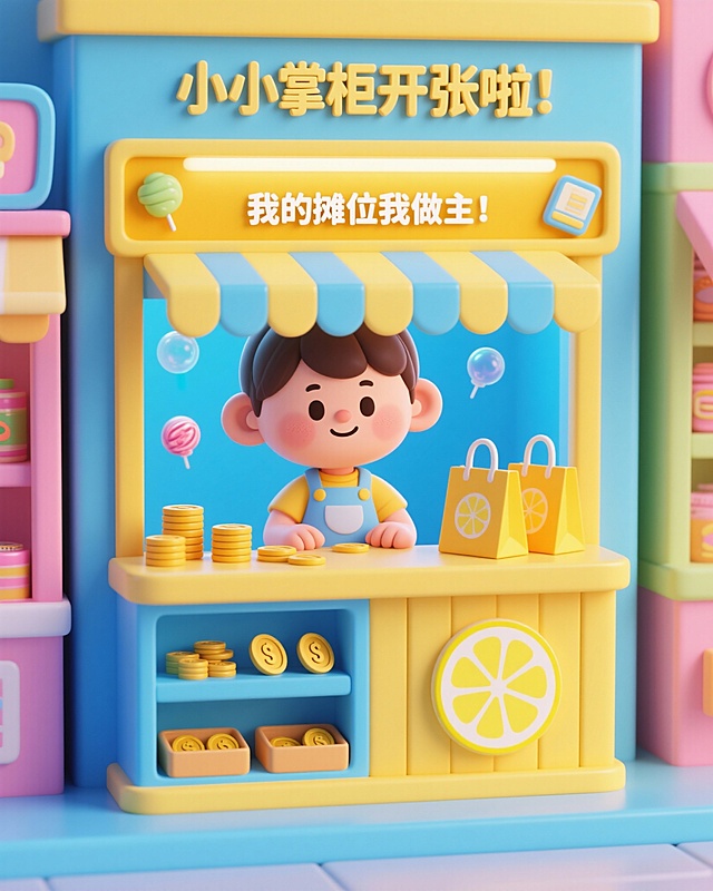 卡通小孩形象、店铺柜台、钱币、购物袋，柠檬黄、天空蓝、泡泡糖粉等糖果色系，“小小掌柜开张啦！”、“我的摊位我做主！”