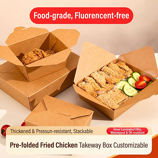 Based on the original image, replace all Chinese text with English text, keep the original layout, color matching, and composition unchanged. The text content after conversion is: top red oval label 'Food-grade, Fluorescent-free'; upper left beige label 'Thickened & Pressure-resistant, Stackable'; upper right red oval label 'Inner Laminated Film, Waterproof & Oil-resistant'; bottom off-white banner 'Pre-folded Fried Chicken Takeaway Box Customization Available'. Keep the brown kraft paper boxes and fried chicken, cucumber, small tomato in the box unchanged, keep the original light beige background, maintain commercial photography texture, clear and readable text, no distortion, high definition.