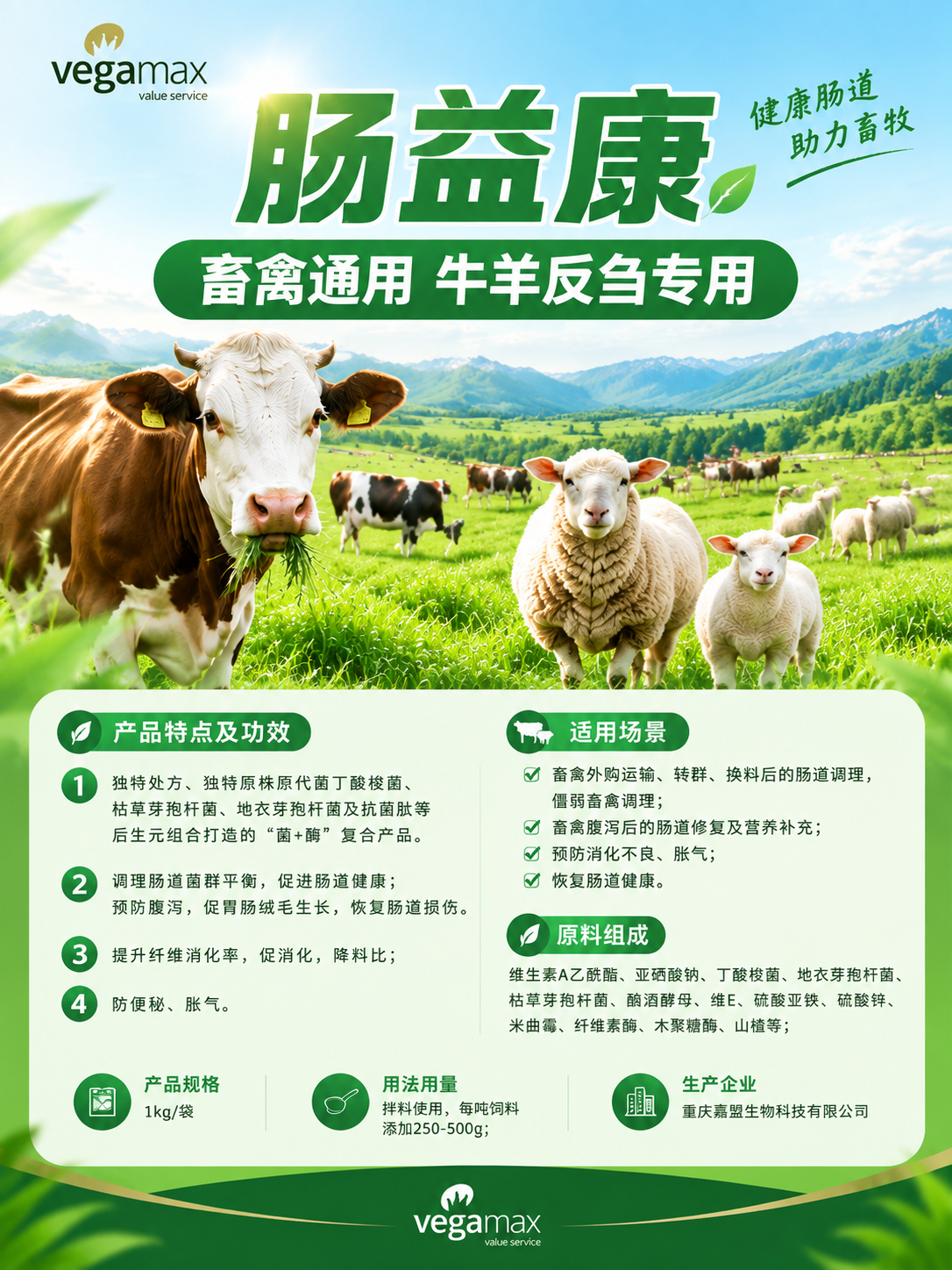 重新设计这张肠益康产品海报，保留整体绿色牧场风格和所有文字信息… - 图片创意预览