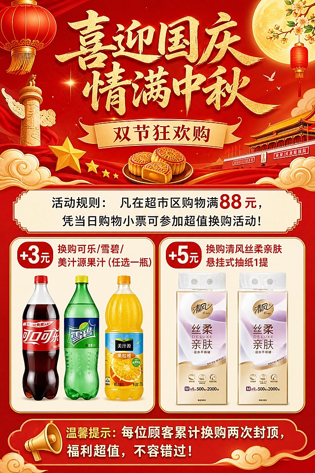 超市双节促销海报，A4竖版，红色主色调，喜庆节日氛围。画面顶部大标题区：主标题"喜迎国庆 情满中秋"，副标题"双节狂欢购"，金色艺术字体，红色渐变背景，点缀灯笼、祥云、月饼、五角星等国庆中秋双节元素。画面中部为活动规则区："凡在超市区购物满88元，凭当日购物小票可参加超值换购活动！"。画面下半部分为两个换购商品展示区，左右分栏布局：左侧区域展示可口可乐、雪碧、美汁源果汁三瓶饮料，上方标注"+3元 换购可乐/雪碧/美汁源果汁（任选一瓶）"；右侧区域展示清风丝柔亲肤悬挂式抽纸，上方标注"+5元 换购清风丝柔亲肤悬挂式抽纸1提"。商品100%还原上传图的外形、包装、LOGO、印刷文字，保持瓶型、标签版式、品牌logo、颜色与正面朝向一致。画面底部温馨提示："每位顾客累计换购两次封顶，福利超值，不容错过！"。整体风格为写实商业摄影风，红金配色，节日喜庆氛围浓厚，版式精美，信息层级分明，四周留安全边距，文字清晰可读。画面中所有数字必须精确渲染，不得错位、遗漏或编造。画面中所有信息区域必须填充完整合理的内容，不得出现空白框或待填写区域。