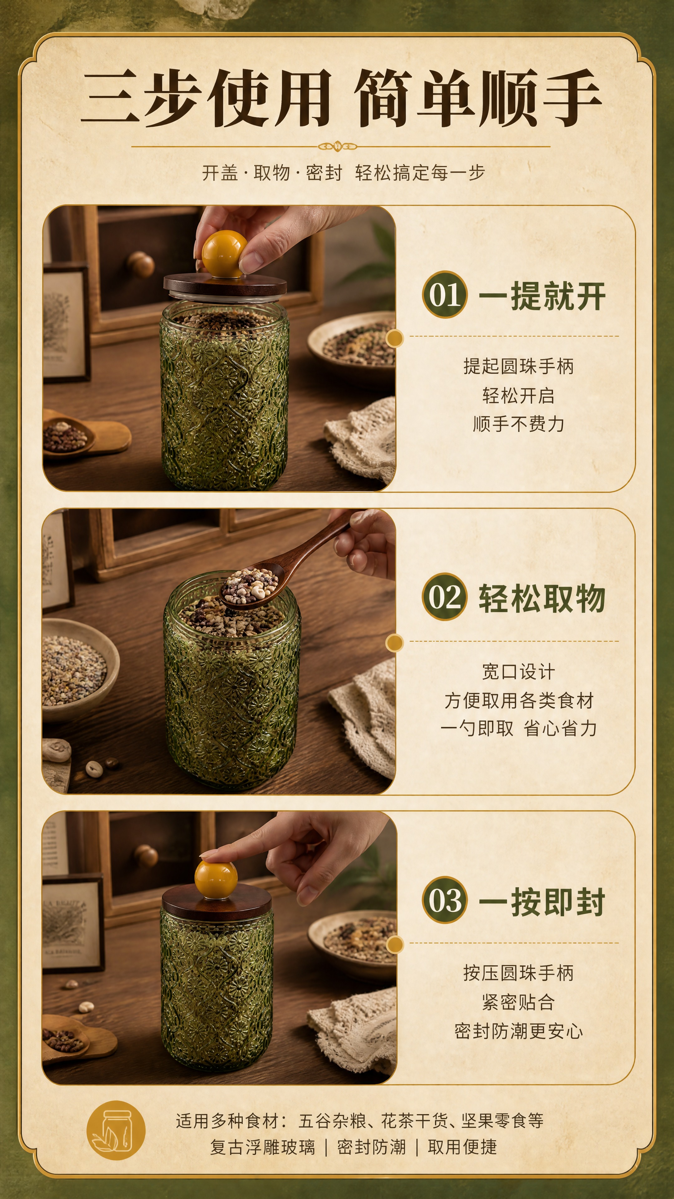 [商品] 使用【图1】复古橄榄绿浮雕玻璃储物罐；保留全部结构、… - 图片创意预览