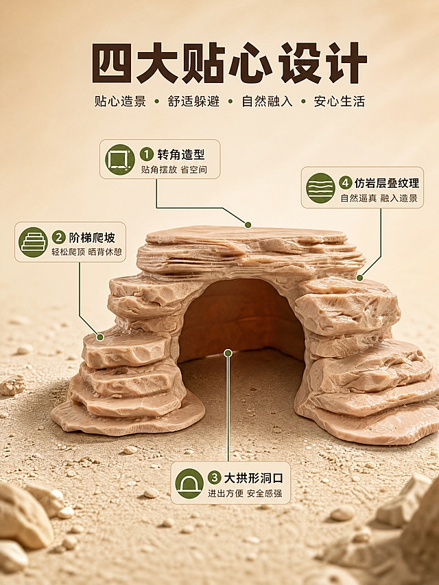 [商品] 使用【图1】浅棕米色岩石造型转角躲避屋；保留层叠岩石纹理、转角拱形洞口、两侧阶梯爬坡结构、整体颜色和材质质感；修复表面细微瑕疵，增强岩石纹理立体感和细节，不改变产品结构。
[画面] 目标：结构解析页，引线标注四大核心结构。构图：产品居中偏下，占画面约55%，正面微俯视角度展示完整结构；四周用细线引出标注；背景为浅暖沙色渐变，底部有少量沙砾质感。阅读动线：顶部标题→产品主体→四周引线标注。
[视觉] 套系策略：风格=自然写实爬宠造景商业摄影；标题字=粗黑体；正文字=常规黑体；主色=暖沙岩棕；背景延展=基于暖沙岩棕做深浅层级、同色渐变和沙砾/岩石质感；强调色=苔藓绿，仅用于小面积图标、引线和标签；标题色=深棕褐；正文色=中暖棕；组件=圆角浅棕信息卡、细线引线；光影=左前侧暖自然光，模拟室内饲养环境柔和光照。
[文字] 顶部主标题：四大贴心设计；4处引线标注：① 转角造型（指向产品背部转角）→ 贴角摆放 省空间；② 阶梯爬坡（指向左侧阶梯）→ 轻松爬顶 晒背休憩；③ 大拱形洞口（指向中间洞口）→ 进出方便 安全感强；④ 仿岩层叠纹理（指向顶部岩石层）→ 自然逼真 融入造景；文字清晰不遮挡产品主体。
[规格] 图片比例3:4竖版，4K分辨率，medium质量；避免变形、错字、文字过小、冷蓝灰背景、产品颜色改变、结构失真、绝对化用语。