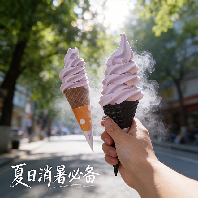 [主图 4] 第一人称手持冰淇淋沉浸式体验
[氛围/风格] 第一人称Vlog视角，真实生活氛围感，夏日街头清凉感
[画面元素] 保持冰淇淋外观和原图一致，第一人称视角手持香芋冰淇淋，伸向镜头前方，背景虚化呈现夏日街头树荫光斑，阳光透过树叶形成斑驳光影，营造边走边吃的轻松惬意场景，还原真实食用体验，冰雾萦绕在冰淇淋周围强化冰凉感
[配色色系] 浅紫冰淇淋突出，背景自然绿调浅景深，整体清新通透
[视角构图] 第一人称平视视角，冰淇淋占据画面右侧核心，背景虚化景深大
[文字版式] 画面左下角手写体文字 "夏日消暑必备"，字体小而随性，契合原生感氛围，不遮挡主体
[比例分辨率] 1:1 比例，2K 分辨率