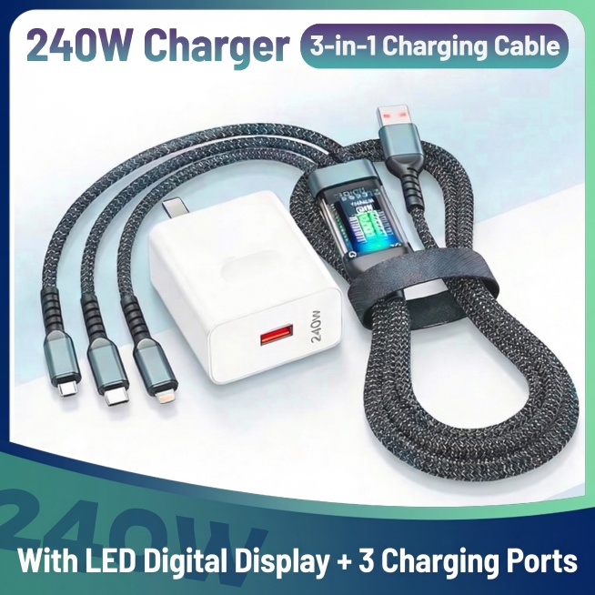 将图中的越南语文案修改为英语，其中“Bộ sạc 240W”改为“240W Charger”，“cáp sạc 1V3”改为“3-in-1 Charging Cable”，“Có đèn LED hi预览效果