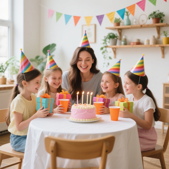 明亮温馨的室内派对场景，四位戴着彩色条纹派对帽的女孩和一位长发女性围坐在铺着白色桌布的圆桌旁，中央摆放着一个装饰精美的粉色生日蛋糕，上面插着五根点燃的蜡烛，女孩们手持彩色礼物盒和橙色纸杯，脸上洋溢着开心的笑容，背景墙上悬挂着彩色三角旗拉花，木质搁板上摆放着绿植和装饰品，整体画面呈现出温暖柔和的自然光效果，色彩明快活泼，充满欢乐、温馨、庆祝的氛围，构图饱满，聚焦于人物互动和派对元素，具有清晰的视……预览效果