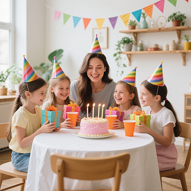 明亮温馨的室内派对场景，四位戴着彩色条纹派对帽的女孩和一位长发女性围坐在铺着白色桌布的圆桌旁，中央摆放着一个装饰精美的粉色生日蛋糕，上面插着五根点燃的蜡烛，女孩们手持彩色礼物盒和橙色纸杯，脸上洋溢着开心的笑容，背景墙上悬挂着彩色三角旗拉花，木质搁板上摆放着绿植和装饰品，整体画面呈现出温暖柔和的自然光效果，色彩明快活泼，充满欢乐、温馨、庆祝的氛围，构图饱满，聚焦于人物互动和派对元素，具有清晰的视觉层次和生活气息的写实风格。