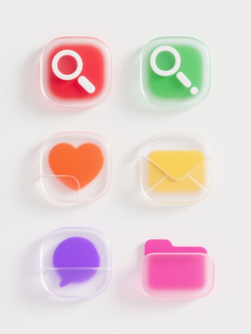一组六个完全不同造型的UI元素图标，每个图标保持相同的半透明玻璃拟态风格、清晰的白色高光边缘和圆润的几何形态，元素内容分别为：放大镜、感叹号警告标志、对话气泡、心形、信封、文件夹，以规整的2x3网格排布在纯白色纯色背景上，每个图标使用不同的鲜艳纯色填充（红色、绿色、黄色、紫色、橙色、粉色），保持统一的光影效果和立体感，整体视觉简洁明快，符合现代UI设计的信息传达效率和视觉层级要求，图标边缘有细……预览效果