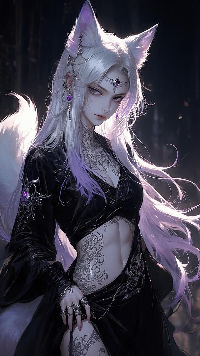 冷酷女性，苍白肤色，银白色长发（发梢渐变为淡紫色），头顶长着灵动的狐耳，身后蓬松的狐尾轻轻飘动，飘动感，独特视角，身体上绘有精致的古老符纹纹身（暗银色），特写镜头，暗黑哥特风格丝绒长裙（露腰开衩设计），银质细链与暗紫宝石额饰，耳坠与多层指环，腹肌线条分明，妖媚而危险，表情冷艳轻蔑，超清画质，光泽质感，油画质地，CG厚涂风格，光影效果（昏暗主光源+侧逆光），近远景对比，细腻笔触，线条分明，极其真实，高对比，电影质感，画面具有冲击力，张力满满
