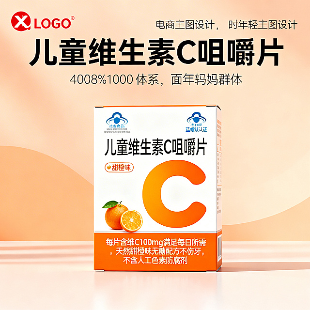 电商主图，800*800像素，风格专业简洁，面向年轻妈妈群体。画面中心是xx牌儿童维生素C咀嚼片产品包装，左上角放置品牌LOGO，右上角标注蓝帽子认证标识，顶部有大号文字"儿童维生素C咀嚼片"，左侧有甜橙味图标，底部文字标注核心卖点：每片含维C100mg满足每日所需，天然甜橙味无糖配方不伤牙，不含人工色素防腐剂。背景为柔和的浅橙色渐变，整体视觉清晰有亲和力，符合母婴食品专业感