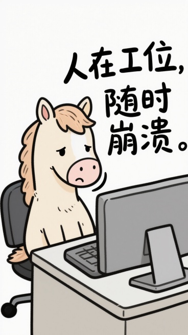 手绘插画，彩色简笔画，一只小马坐在电脑前，满脸不开心，背景干净简单，艺术字“人在工位，随时崩溃”预览效果