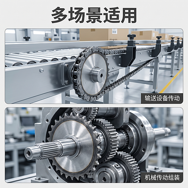 [主图 4] 单排链轮适用场景宫格拼图展示图。
[氛围风格] 高级硬核机械风，专业工业质感。
[画质] 商业摄影质感、光线明暗层次清晰、产品细节真实清晰、画面干净高级。
[元素] 将画面分为上下两宫格，每个宫格展示单排链轮在不同传动设备场景的应用：上图展示链轮在小型输送设备上的安装实景，下图展示链轮在传动机械组装中的使用实景。保持单排链轮产品的外观结构、材质质感与输入产品图绝对一致，杜绝任何变形和色差。整个画面统一干净，避免杂乱的工地感。商品主体在每个场景中都清晰突出。
[光影] 整体明亮作业场景光照，每个宫格光影统一，明暗清晰，主体突出。
[配色] 主色调工业浅灰和机械银灰，整体统一和谐，保持机械专业风格。
[视角构图] 二分宫格拼图构图，每个宫格场景完整，产品清晰可见，无边框满屏设计，画面饱满。
[文字版式] 顶部留白处大标题「多场景适用」，粗体深灰色大字；每个宫格右下角小字标注场景名称：上「输送设备传动」下「机械传动组装」，小字浅色背景深灰色字，不遮挡主体。
[比例分辨率] 1:1比例，2k分辨率，文字清晰锐利，画面超高清。
[负向提示词] 变形，水印，文字错乱，产品模糊，背景杂乱，阴沉发黑，玩具感，工地脏乱感。