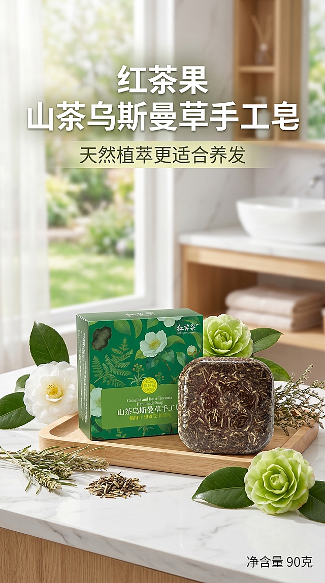[详情页第1张] 产品首屏Banner，完整展示红茶果山茶乌斯曼草手工皂与包装盒，搭配清新自然的浴室场景背景。[氛围风格] 天然草本养发，清新干净的生活氛围。[画质] 商业摄影质感，光线柔和通透，产品清晰真实，画面干净高级。[元素] 手工皂和包装盒居中展示，背景点缀真实山茶花和草本枝叶，整体自然舒适。保持产品外观与输入图片一致，杜绝变形和色差。[光影] 明亮柔和自然光，整体通透干净。[配色] 主调深绿色，搭配原木色和白色，清新自然。[文字版式] 顶部大标题 "红茶果 山茶乌斯曼草手工皂" 白色粗体大字，副标题 "天然植萃更适合养发" 浅黄小字，底部标注 "净含量 90克"。文字不遮挡产品主体，对比清晰。[比例分辨率] 宽度790px 高度1400px，文字清晰可辨，超高清。[负向提示词] 变形，水印，文字错乱，产品图模糊，背景杂乱