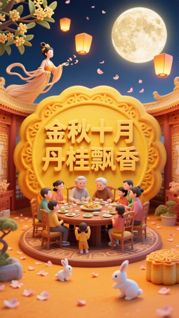 一个黄色月饼形状的微缩场景（月饼里面展示的是餐厅，有10个人围坐在圆桌旁用餐，两位老人坐中间，其他6个是年轻儿女和2个小孩），放置在豪华宫殿内，月饼边缘有着精致图案，天空中飘着3个左右小型孔明灯，圆月预览效果