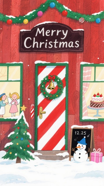 背景为红色木纹墙面，顶部饰有带彩球的绿色装饰带，搭配写有 “Merry Christmas” 的深色标牌；主体是带红白糖果条纹装饰的小屋门（门饰绿色花环与铃铛），左右两侧设橱窗（左橱窗内小天使与人物互预览效果