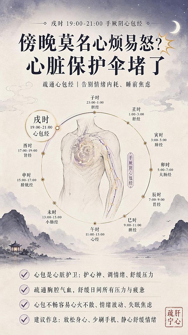 9:16小红书竖版封面，新中式极简国风，低饱和夜间温柔水墨配色（茶白/深靛青/淡紫/暖金），宣纸柔光肌理，高级留白，年轻化轻养生风格，干净轻盈无老旧厚重感，高清细腻。

画面中心绘制夜间温柔十二时辰子午流注环形总图，高亮放大戌时心包经脉路（暖金色/淡紫色突出），手绘淡墨胸腔、手臂内侧经络线条，搭配夜色浅云、淡墨远山垫底，夜晚静谧温柔氛围。右下角朱砂红色国风印章"疏肝宁心"。

完整文案排版，层级清晰：
顶部小字"戌时 19:00-21:00 手厥阴心包经"
大标题痛点吸睛，粗体醒目带爆炸图标："傍晚莫名心烦易怒？心脏保护伞堵了"
副标题纤细宋体："疏通心包经｜告别情绪内耗、睡前焦虑"

画面下方核心释义，极简大字，4条带对勾图标纵向排列：
✔ 心包是心脏护卫：护心神、调情绪、舒缓压力
✔ 疏通胸腔气血，舒缓日间所有压力与疲惫
✔ 心包不畅容易心火不散、情绪波动、失眠焦虑
✔ 建议作息：放松身心、少刷手机、静心舒缓情绪

所有文字清晰可读、工整准确，无错字无糊字。整体轻盈通透、年轻高级。
