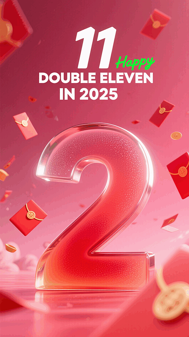 红色渐变磨砂玻璃质感数字 “2”，背景为玫红色。顶部设置白色 “11” 数字与 “DOUBLE ELEVEN IN 2025” 文字，搭配绿色 “Happy” 标识，数字周围装饰红包元素，促销氛围