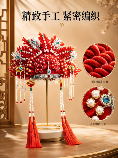 [主图-3] 编织细节工艺展示图。[氛围风格] 古风质感，突出手工精致。[画质] 商业摄影质感，微距细节清晰，画面干净高级。[元素] 主图展示凤冠整体，右侧叠加两个圆形放大框，分别放大展示扭扭棒编织纹预览效果