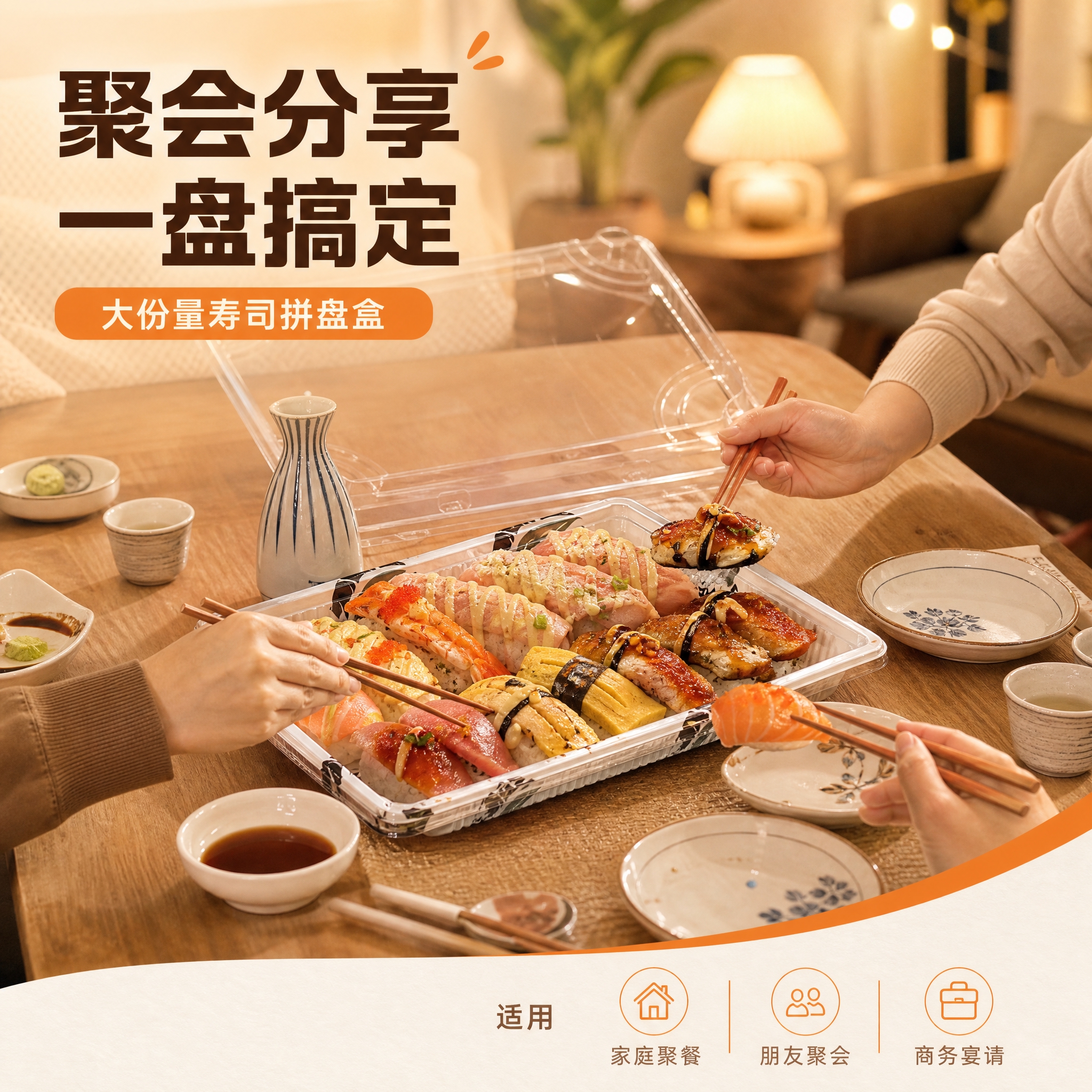 [主图-4] 大号寿司拼盘盒使用场景图，展示家庭聚会/朋友聚餐… - 图片创意预览