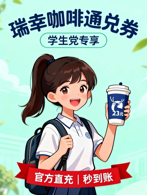浅绿色清新背景，中央为卡通学生形象手持瑞幸咖啡杯，杯身写“23元”；上方写“瑞幸咖啡通兑券”，下方标注“学生党专享”；底部红底白字横幅：“官方直充 | 秒到账”；整体青春校园风。预览效果