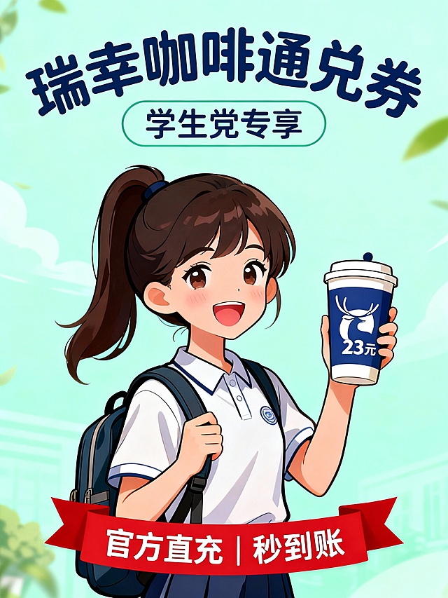 浅绿色清新背景，中央为卡通学生形象手持瑞幸咖啡杯，杯身写“23元”；上方写“瑞幸咖啡通兑券”，下方标注“学生党专享”；底部红底白字横幅：“官方直充 | 秒到账”；整体青春校园风。