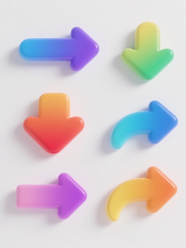 一组6个完全不同造型的3D立体箭头图标系列素材集合，每个箭头保持相同的光滑曲面质感、柔和边缘处理和渐变色彩过渡效果，采用不同的箭头方向（上、下、左、右、左上、右下）和弯曲角度，每个箭头拥有独特的纯色渐变配色方案（如蓝色到紫色、绿色到黄色、橙色到红色、青色到蓝色、粉色到紫色、黄色到橙色），所有箭头规整地排列在纯白色背景上，形成整齐有序的视觉布局，保持现代简约的设计风格，确保每个箭头元素内容完整且造型独特。