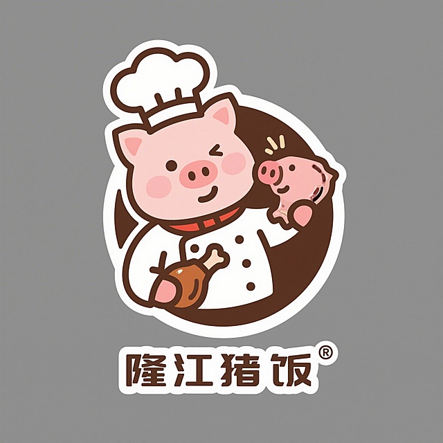 图形标Logo设计，隆江猪脚饭品牌，采用几何构建，中心构图，1:1比例。一只小猪厨师的上半身卡通形象，小猪戴着厨师帽，手里拿着一块猪脚，矢量扁平风格，简约可爱，适合做品牌标志，暖棕色配色，白色背景。遵循极简主义原则，图形干净简洁，识别度高