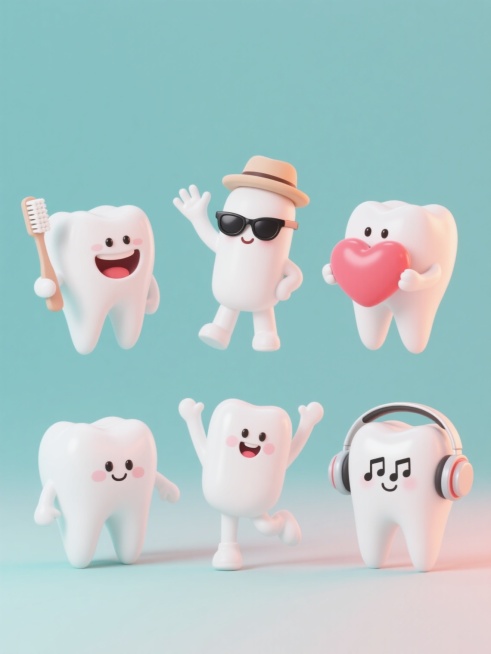 3D卡通风格牙齿素材集合，纯色背景，整体色彩变换为清新马卡龙色系，六个不同造型、形状和样式的牙齿角色，保持圆润饱满的3D建模质感，光滑的白色牙釉表面带有柔和高光和阴影，每个牙齿拥有独特的表情和动作：第一个咧嘴大笑举着牙刷，第二个戴着小帽子挥手，第三个戴着墨镜酷酷地站着，第四个捧着爱心，第五个跳起来欢呼，第六个戴着耳机听音乐，所有牙齿角色均匀规整地排列在画面中，保持统一的可爱卡通风格和立体感，色……预览效果
