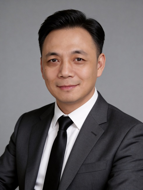 保留原图人物脸型和年龄特征，微调增加头发发量，生成企业创始人董事长的专业商务形象照，人物坐姿，身着炭灰色定制高端精纺西装外套，内搭纯白色高支棉衬衫，搭配黑色真丝领带，权威沉稳，高级灰纯色简约质感背景，预览效果