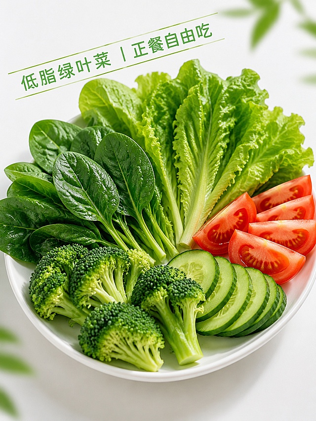 45°斜拍摆盘，餐盘整齐摆放着西兰花、菠菜、油麦菜、黄瓜、西红柿等新鲜水灵的优选绿叶菜，画面干净无杂质，色彩清新，加上绿色简约字体标注的文字“低脂绿叶菜｜正餐自由吃”