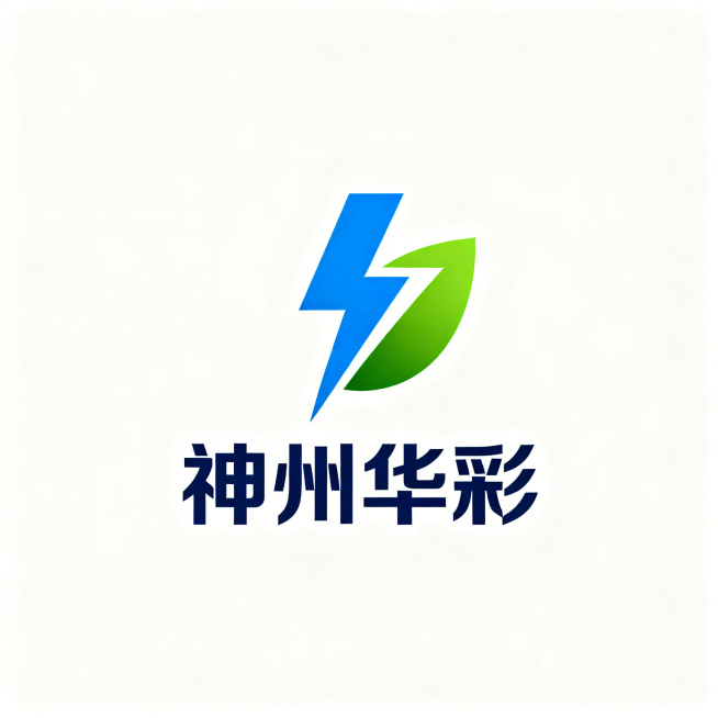 为神州华彩绿电公司设计简约logo，核心融合闪电和绿叶元素，闪电体现电力属性，绿叶体现绿电环保属性，风格简约现代扁平化，蓝绿配色，白色背景，下方标注公司名称"神州华彩"预览效果