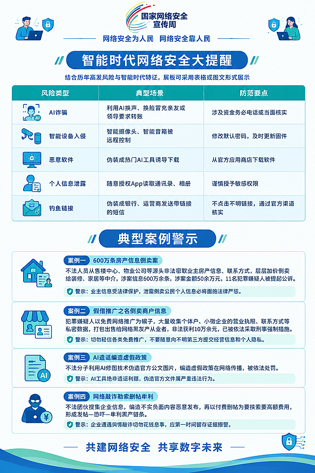 国家网络安全宣传周官方竖向科普展板海报，扁平化矢量插画风格，深蓝+浅青绿色科技网安配色，干净白色背景，简约商务正式科普质感，无写实照片，全部为扁平化卡通人物和图标插画，版式精美，配图少而精，以文字内容为主。顶部有'国家网络安全宣传周'logo和标语'网络安全为人民 网络安全靠人民'，顶部两侧各有一个小型扁平化人物图标（尺寸很小）。画面上半部分为表格区域，下半部分为典型案例区域，两部分内容清晰分区。没有二维码占位。上半部分主标题'智能时代网络安全大提醒'，副标题'结合历年高发风险与智能时代特征，展板可采用表格或图文形式展示'。表格严格按以下内容生成，一字不改，3列5行：列标题为'风险类型''典型场景''防范要点'。第1行：风险类型'AI诈骗'，典型场景'利用AI换声、换脸冒充亲友或领导要求转账'，防范要点'涉及资金务必电话或当面核实'。第2行：风险类型'智能设备入侵'，典型场景'智能摄像头、智能音箱被远程控制'，防范要点'修改默认密码，及时更新固件'。第3行：风险类型'恶意软件'，典型场景'伪装成热门AI工具诱导下载'，防范要点'从官方应用商店下载软件'。第4行：风险类型'个人信息泄露'，典型场景'随意授权App读取通讯录、相册'，防范要点'谨慎授予敏感权限'。第5行：风险类型'钓鱼链接'，典型场景'伪装成银行、运营商发送带链接的短信'，防范要点'不点击不明链接，通过官方渠道核实'。下半部分主标题'典型案例警示'，配4个案例，每个案例配小型图标（尺寸小）：案例一'600万条房产信息倒卖案——不法人员从售楼中心、物业公司等源头非法窃取业主房产信息、联系方式，层层加价倒卖给装修、家居等中介，涉案信息600万余条，涉案金额50余万元，11名犯罪嫌疑人被提起公诉。警示：业主信息受法律保护，泄露倒卖公民个人信息必将面临法律严惩。'案例二'假借推广之名倒卖商户信息——犯罪嫌疑人以免费网络推广为幌子，大量收集个体户、小微企业的营业执照、联系方式等私密数据，打包出售给网络黑灰产从业者，非法获利10万余元，已被依法采取刑事强制措施。警示：切勿轻信各类免费推广，不要随意向不明第三方提交经营信息和个人隐私。'案例三'AI造谣编造虚假政策——不法分子利用AI修图技术伪造官方公文图片，编造虚假政策在网络传播，被依法处罚。警示：AI工具绝非造谣利器，伪造官方文件属严重违法行为。'案例四'网络敲诈勒索删帖牟利——不法团伙搜集企业信息，编造不实负面内容恶意发布，再以付费删帖为要挟索要高额费用，形成发帖—恐吓—牟利黑产链条。警示：企业遭遇舆情敲诈切勿花钱息事，应第一时间留存证据报警。'底部标语'共建网络安全 共享数字未来'。配图极少，仅角落有小型简约图标装饰，尺寸很小，不遮挡文字。所有数字必须精确渲染，不得错位、遗漏或编造。画面中所有信息区域、表格单元格必须填充完整合理的内容，不得出现空白框、空白占位、空单元格。不要3D，不要写实，扁平化卡通风格，简洁干净。