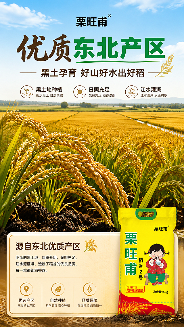 [商品] 使用【图1】正面的栗旺甫稻香2号大米包装袋（小尺寸露出，作为产品佐证）；保留包装袋黄色主色、绿色大字、卡通小女孩图案及品牌Logo；包装袋仅作右下角辅助元素，占画面约15%。
[画面] 目标：产地优势专张，突出东北优质产区黑土孕育好稻。构图：上半部分大面积东北稻田/黑土地实景（金色稻穗、蓝天白云、连片稻田，占画面约60%），下半部分信息区+右下角小包装露出；核心产地元素（稻田、稻穗、黑土）放大占主画面≥50%，营造产地真实感。≥3层层次：远景稻田天际线、中景饱满稻穗特写、前景信息卡片。
[视觉] 套系策略：风格=国内电商食品详情页·家常温馨商业摄影；标题字=粗黑体+书法感大字；正文字=简洁无衬线黑体；主色=暖米黄+稻穗金；背景延展=基于暖米黄做深浅层级、同色渐变和稻穗/土地自然质感；强调色=稻穗绿；标题色=深棕+稻穗绿点缀；正文色=深暖灰；组件=圆角浅底信息卡、细线引线、稻穗图标；光影=自然日光，明亮通透。
[文字] 中上横排主标题"优质东北产区"，副标题"黑土孕育 好山好水出好稻"，下方3个产地卖点横排："黑土地种植"、"日照充足"、"江水灌溉"；文字全部横排，字号保证手机端清晰可读。
[规格] 图片比例9:16竖版，4K，负向提示：避免包装袋占比过大、产地元素仅作小icon、冷蓝灰调、错字、文字过小、虚假宣传、绝对化用语。